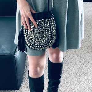 festival style studded black drawstring purse